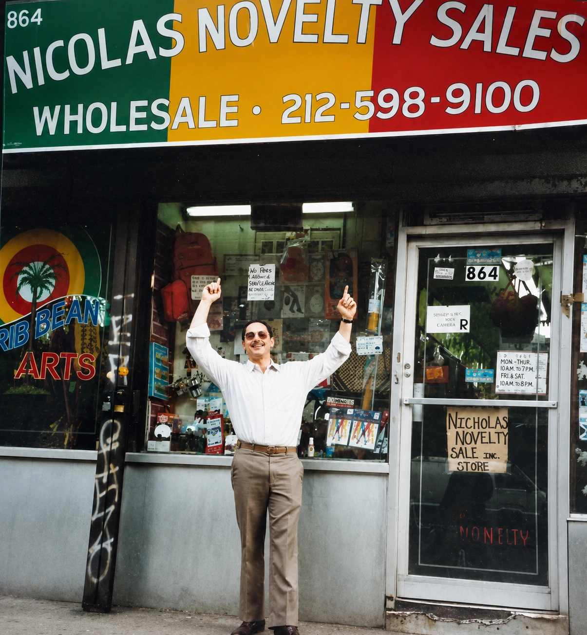 Randolph Nicholas, founder, standing outside the Nicolas Novelty Sales storefront
